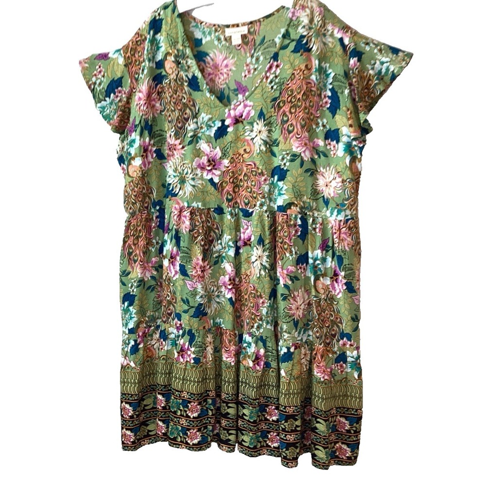Loralette Dress Women's 26/28 Green Floral Peacock Border V Neck Festival Boho